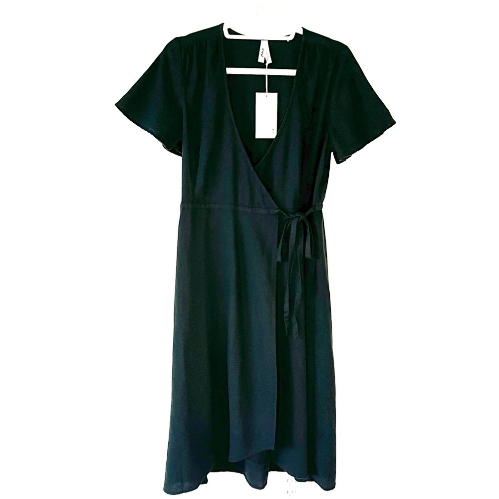 NWT Pact Cafe Crepe Faux Wrap Midi Dress Black Organic Cotton Minimalist S - Picture 6 of 16